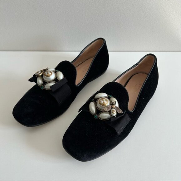 GUCCI Étoile Faux Pearl Embellished Velvelt Black Loafers sz 37 - Picture 5 of 12